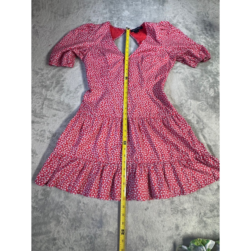 French Connection Red Floral Puff Sleeve Tiered Mini Dress Size 8 - Picture 7 of 9